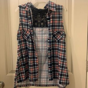 Plaid Button Up Blouse with Woven Lace Back